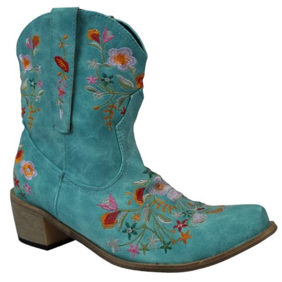 Balajoy 7.5 Blue Cowgirl Embroidery Ankle Boots Floral Western Boho Slipon Comfy - Picture 10 of 16